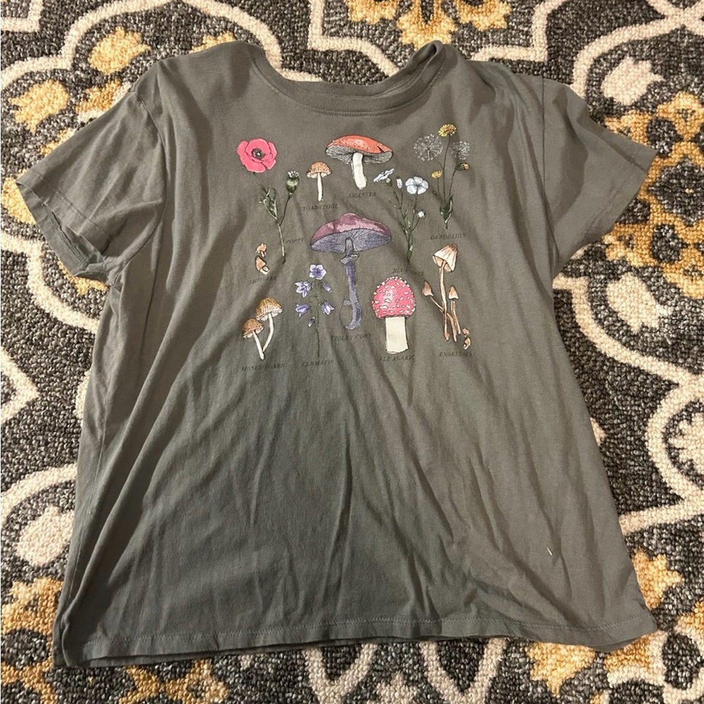 Green T-Shirt with Mushroom and Flower Design